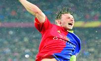 Basel''s Marco Streller cheers after be...